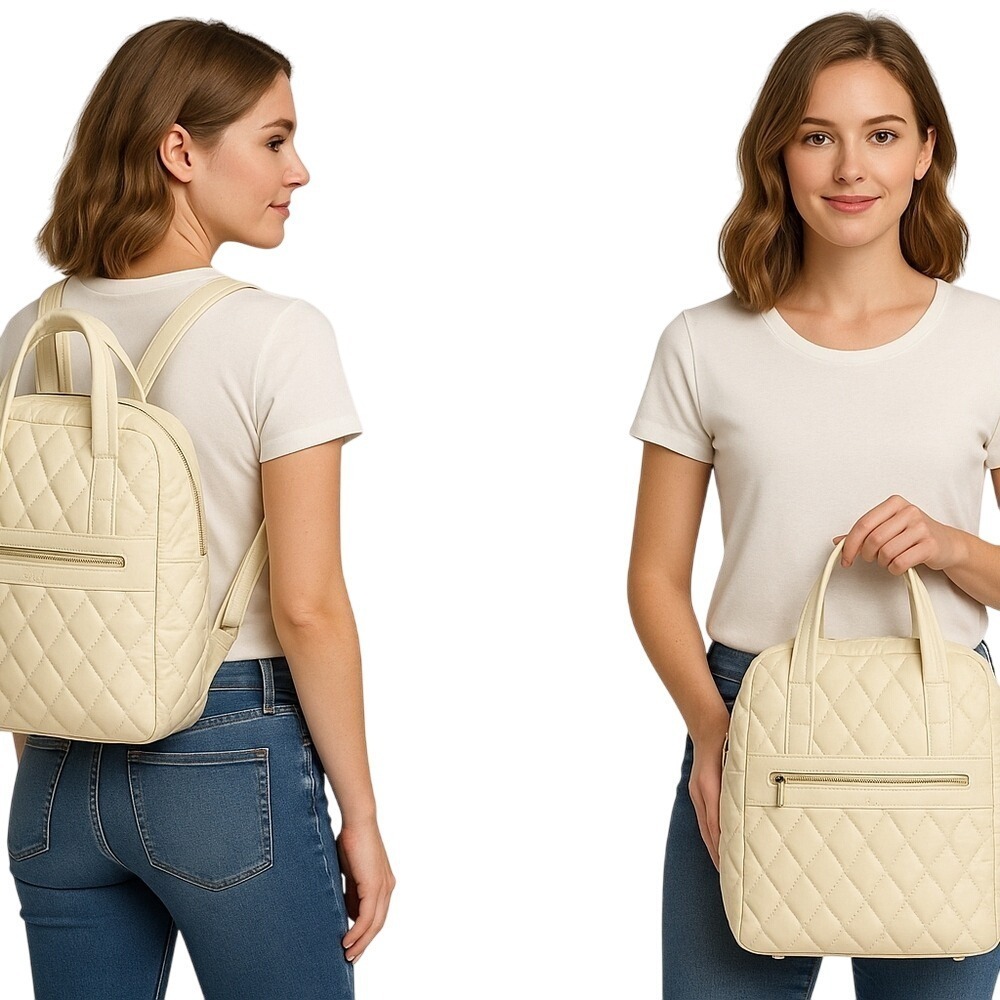 2 for $15 Bella Russo Quilted‎ Tote Backpack Shoulder Bag Cream Convertible New